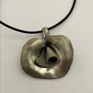 Large Free Form Floral Silver Pendant on 21” Black Rubber Necklace